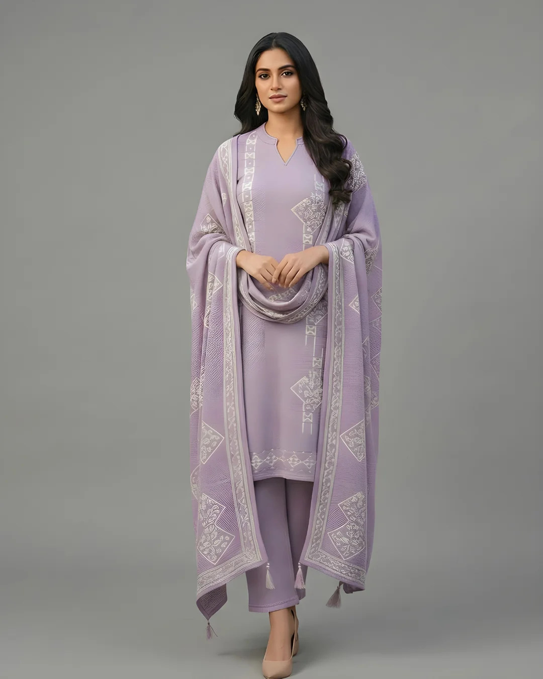 Pastel Purple Stitched Woolen Kurti Plazo Suit with Dupatta