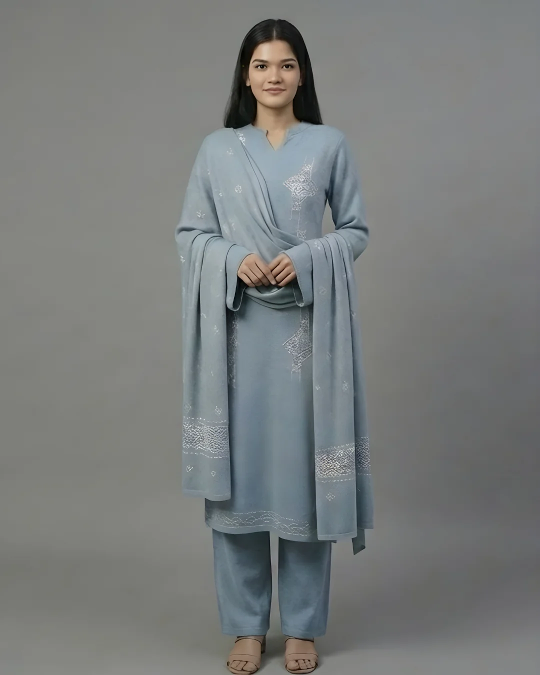 Blushing Grey Stitched Woolen Kurti Plazo Suit with Dupatta