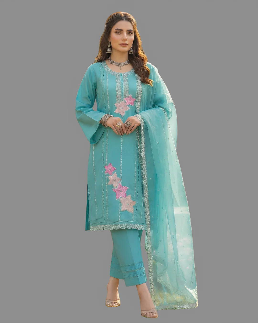 Premium Mix Cotton Pakistani Suit Set with Organza Dupatta – 3 Piece Embroidered Suit (Aqua Blue)