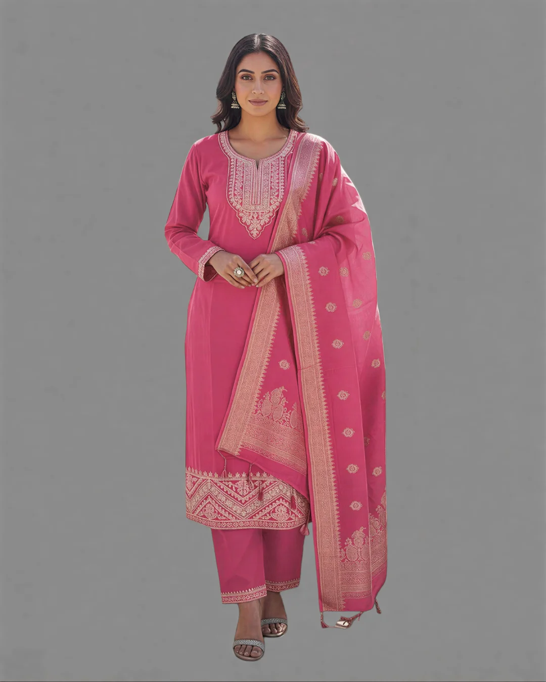 Premium Chanderi Cotton Embroidered Ethnic Suit Set with Banarasi Dupatta (Rani Pink)