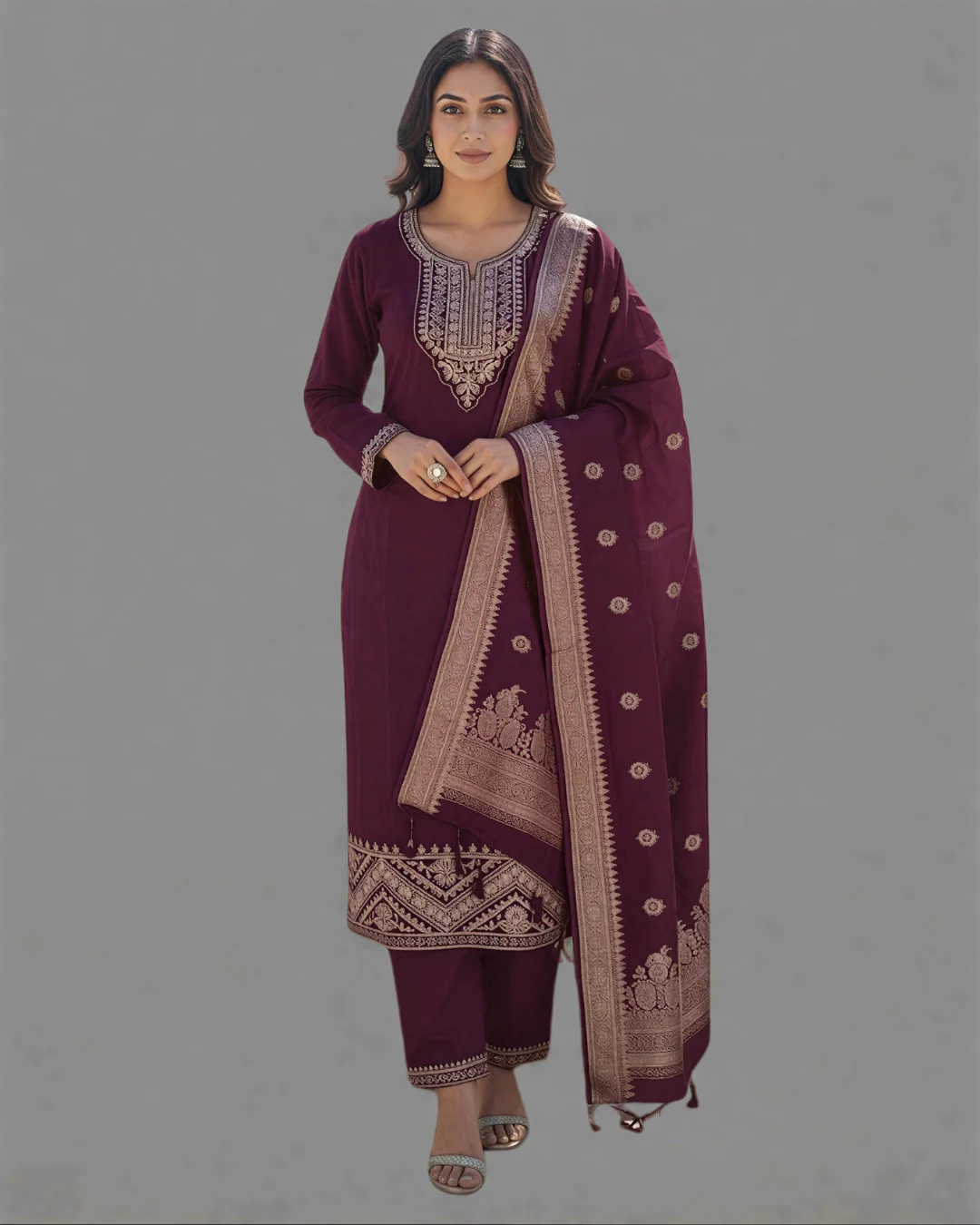 Premium Chanderi Cotton Embroidered Ethnic Suit Set with Banarasi Dupatta (Wine purple)