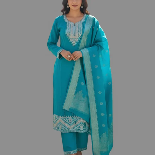 Premium Chanderi Cotton Embroidered Ethnic Suit Set with Banarasi Dupatta (Turquoise Blue )