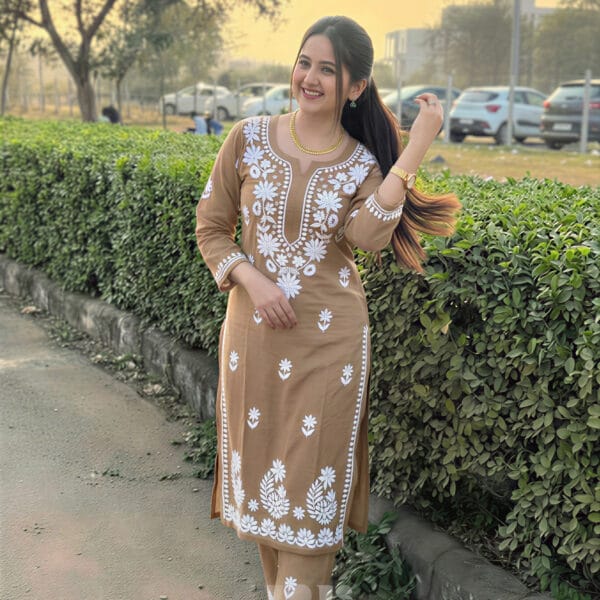 Lucknowi Chikankari Suit Without Dupatta – Dark Cream