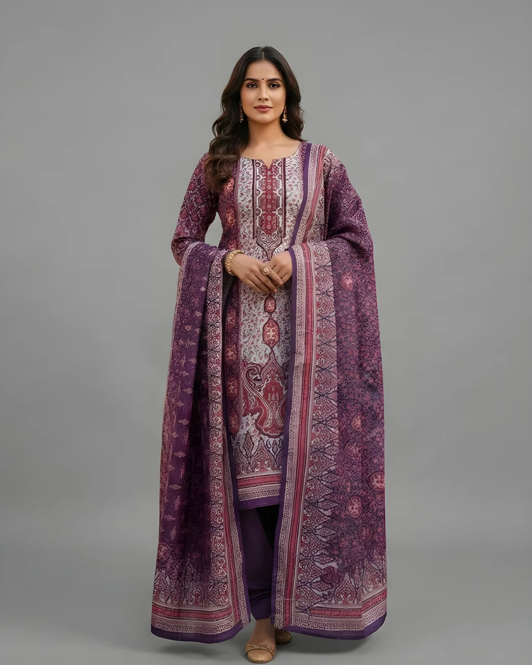 Plum Purple Printed Velvet Woolen Suit (Unstitched)